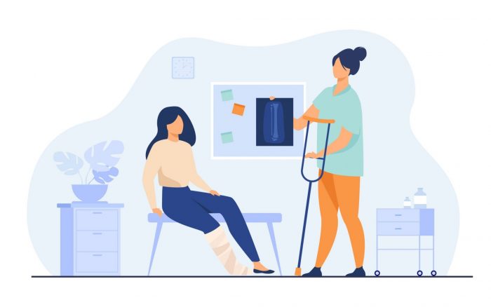 Image of patient with doctor holding radiography and crutches illustrates blog: "The Second Bill Review (SBR)/Independent Bill Review (IBR) Process"