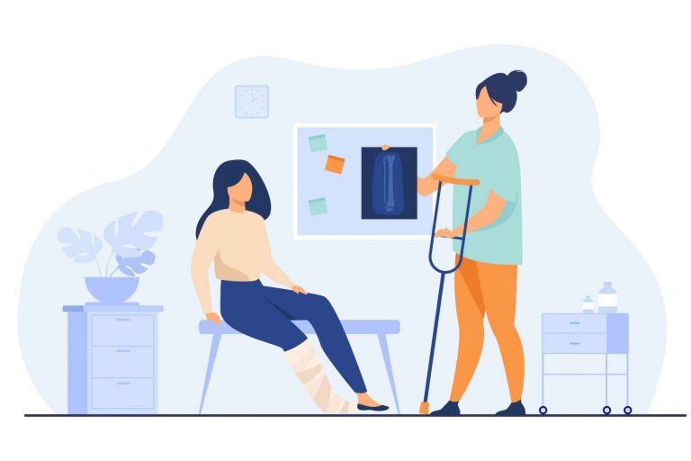 Image of patient with doctor holding radiography and crutches illustrates blog: "The Second Bill Review (SBR)/Independent Bill Review (IBR) Process"