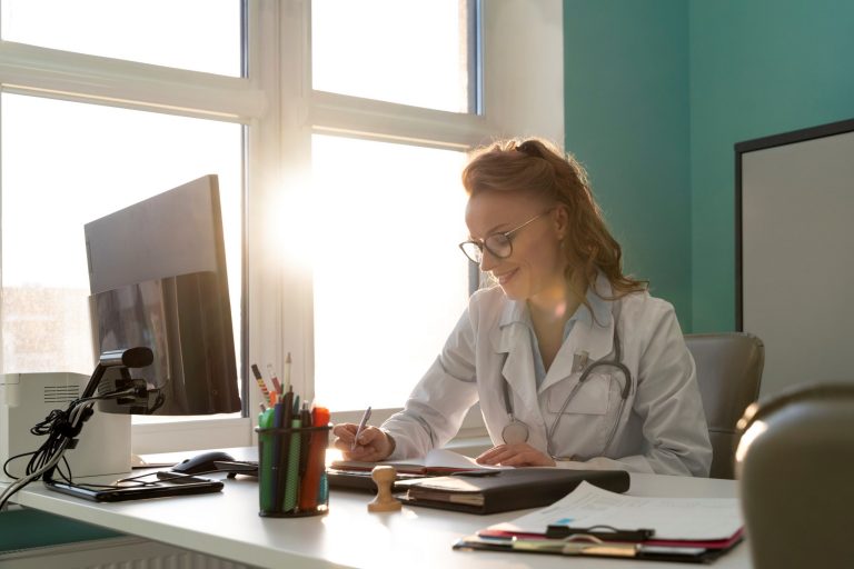 Female doctor sitting at desk in front of computer illustrates blog "Why Is Medical Billing Important?"