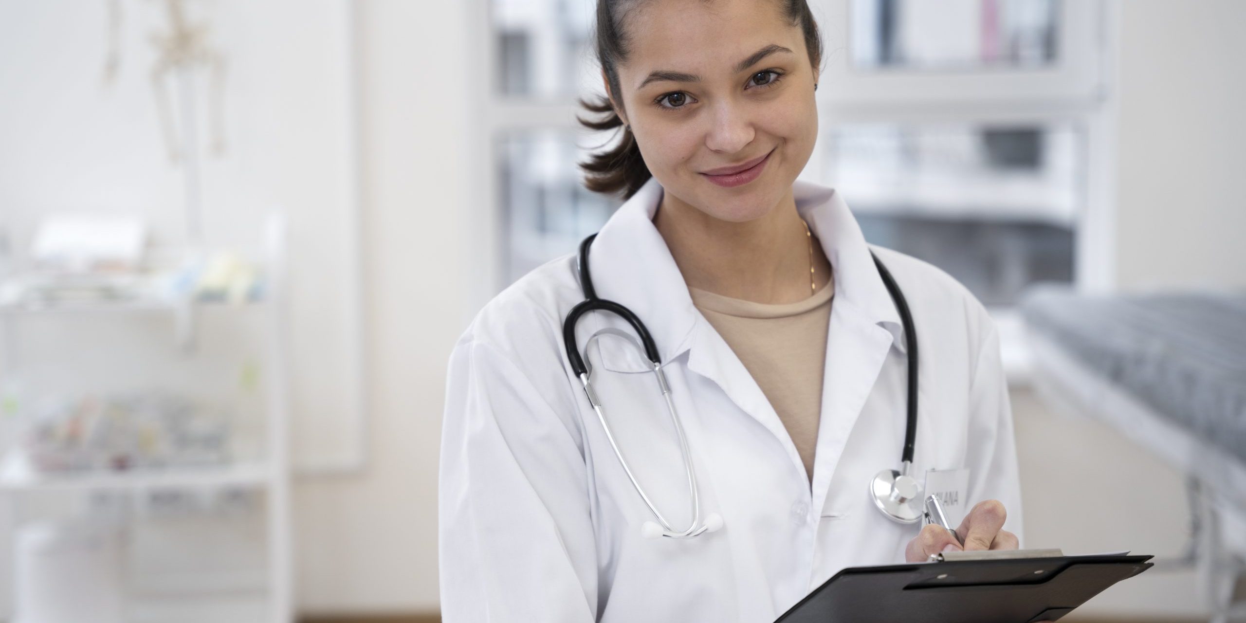 practice3-fp Woman in lab coat holding clipboard illustrates blog "Why Outsourced Medical Billing Services Make Sense for Small Practices"