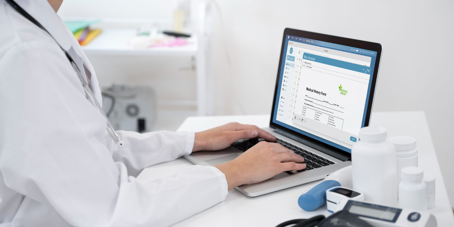 Patients completing digital intake forms online at a healthcare clinic