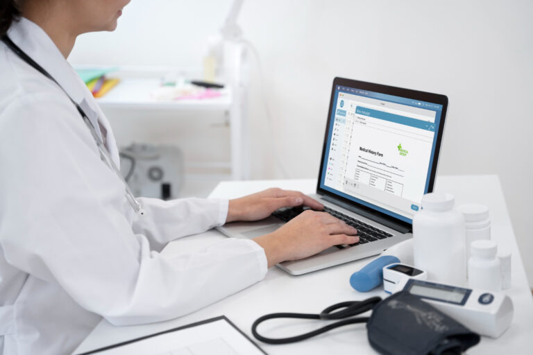 Patients completing digital intake forms online at a healthcare clinic