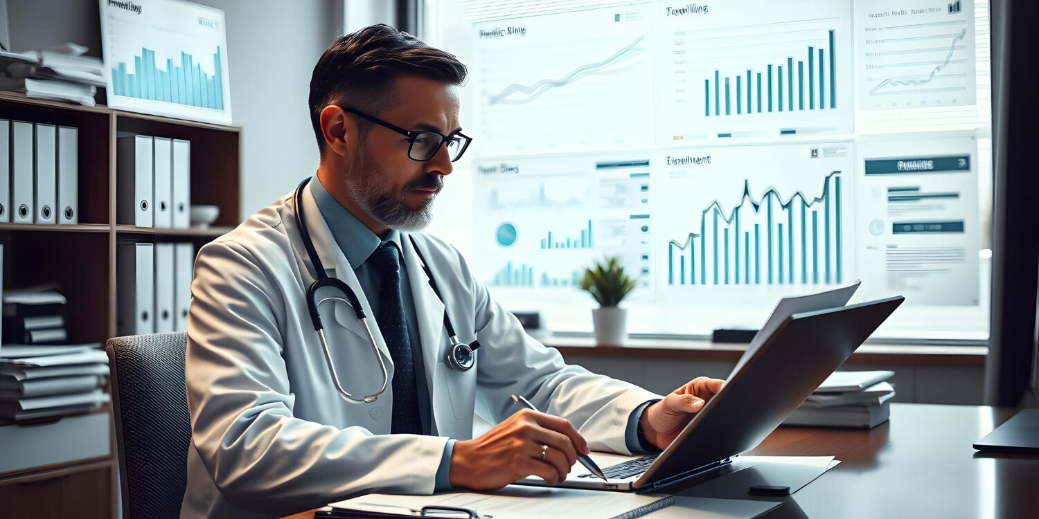 image-cash-flow-predictability-medical-practices Medical office manager analyzing cash flow predictability and revenue reports