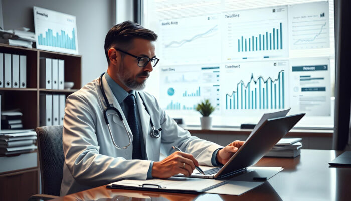 Medical office manager analyzing cash flow predictability and revenue reports