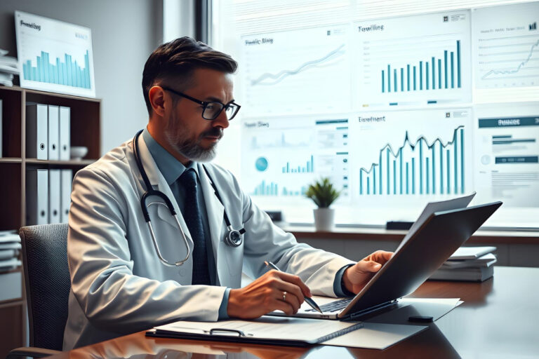 Medical office manager analyzing cash flow predictability and revenue reports
