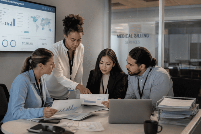 Healthcare administrative team managing revenue cycle burnout and collections workflow