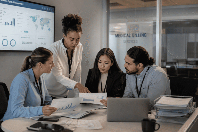 Healthcare administrative team managing revenue cycle burnout and collections workflow
